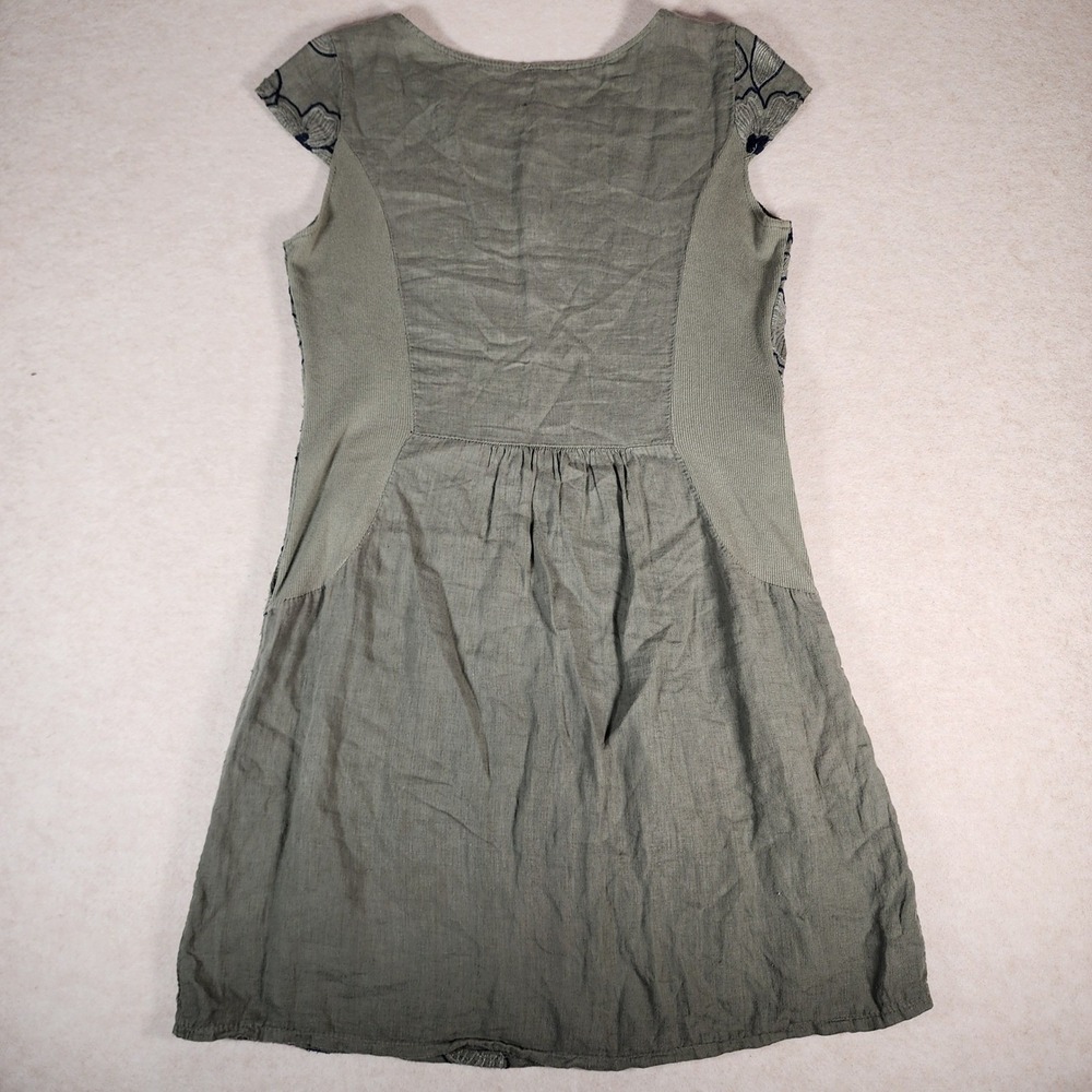 Puro Lino Linen Floral Embroidered Dress Sleeveless Casual Olive Green - Picture 3 of 7